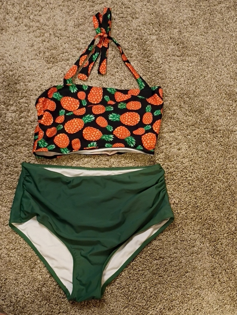 Pineapple Print Halter Bikini Top with Forest Green High-Waist Bottoms